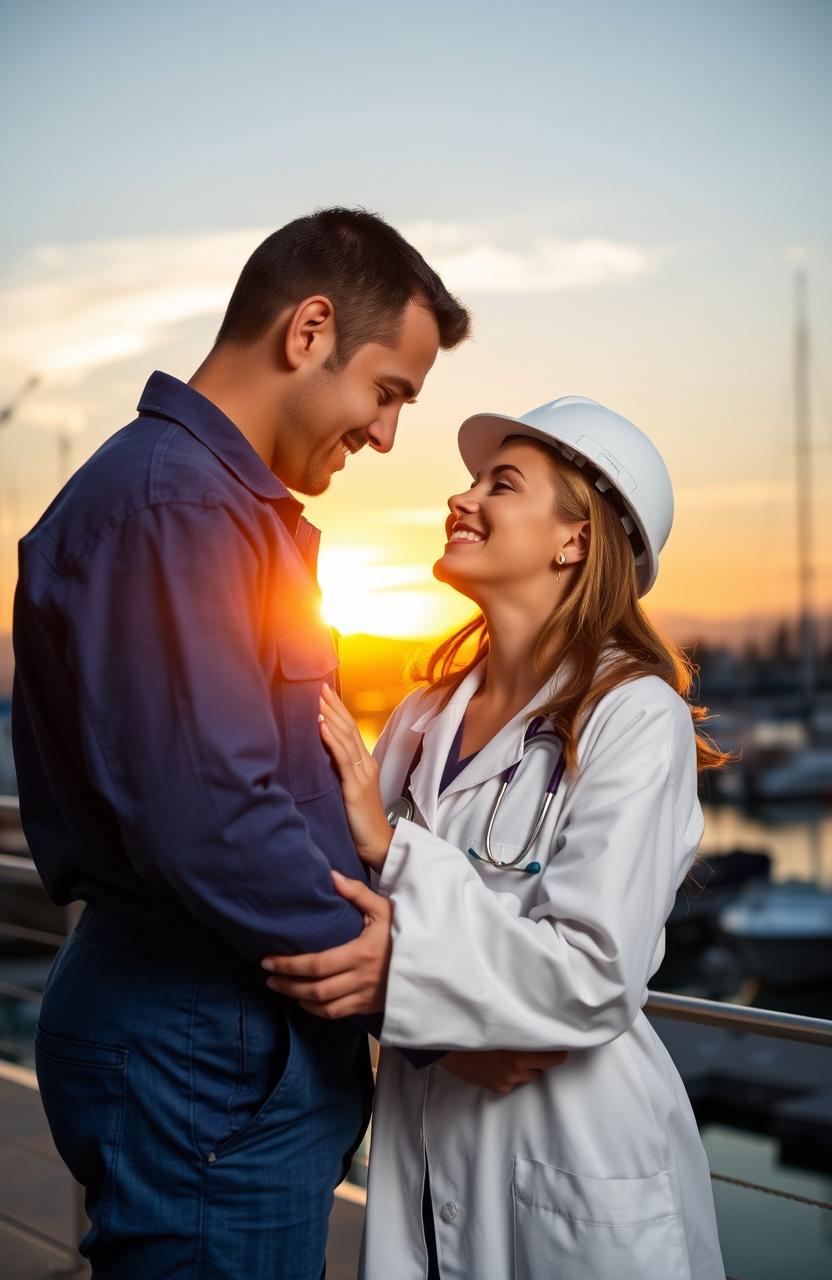 A romantic scene featuring a couple, where the woman is a female doctor in a white lab coat with a stethoscope around her neck, and the man is a male marine engineer in a blue jumpsuit with a hard hat