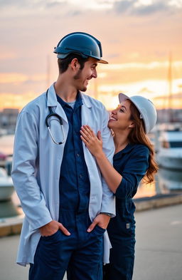 A romantic scene featuring a couple, where the woman is a female doctor in a white lab coat with a stethoscope around her neck, and the man is a male marine engineer in a blue jumpsuit with a hard hat