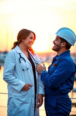A romantic scene featuring a couple, where the woman is a female doctor in a white lab coat with a stethoscope around her neck, and the man is a male marine engineer in a blue jumpsuit with a hard hat