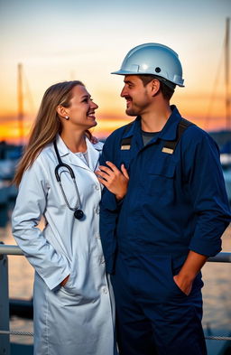 A romantic scene featuring a couple, where the woman is a female doctor in a white lab coat with a stethoscope around her neck, and the man is a male marine engineer in a blue jumpsuit with a hard hat