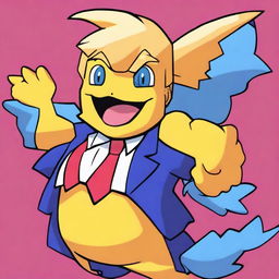 Create a cartoon image of Donald Trump transformed into a Pokemon character in a vibrant color palette.