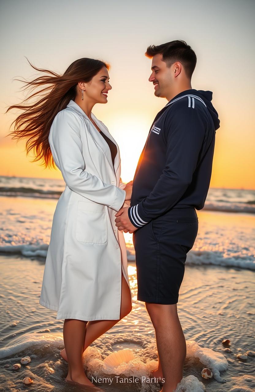 A romantic scene between a female doctor and a male marine engineer, set against a beautiful sunset on a beach