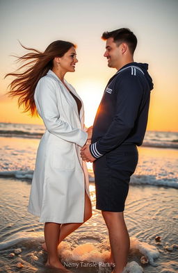 A romantic scene between a female doctor and a male marine engineer, set against a beautiful sunset on a beach