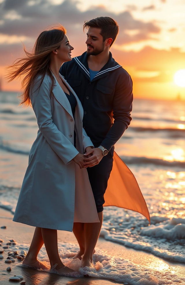 A romantic scene between a female doctor and a male marine engineer, set against a beautiful sunset on a beach