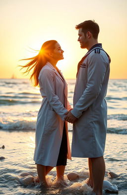 A romantic scene between a female doctor and a male marine engineer, set against a beautiful sunset on a beach