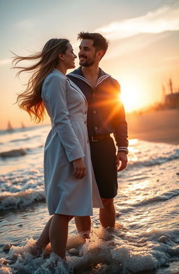 A romantic scene between a female doctor and a male marine engineer, set against a beautiful sunset on a beach