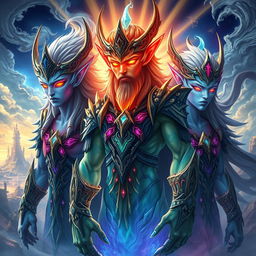 The Aetherian race, depicted as powerful and formidable beings, showcasing their majestic and intimidating presence