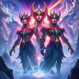 The Aetherian race, depicted as powerful and formidable beings, showcasing their majestic and intimidating presence