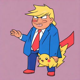 Create a cartoon image of Donald Trump transformed into a Pokemon character in a vibrant color palette.