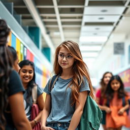 A teenage girl in a bright, bustling school hallway, engaged in a heartfelt conversation with her friends