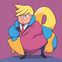 Create a cartoon image of Donald Trump transformed into a Pokemon character in a vibrant color palette.