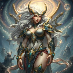 An Aetherian nymph depicted as a powerful and formidable woman with an imposing presence