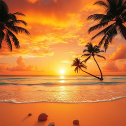 A stunning depiction of a majestic golden sunset casting vibrant hues over a serene, crystal-clear ocean