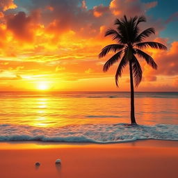 A stunning depiction of a majestic golden sunset casting vibrant hues over a serene, crystal-clear ocean