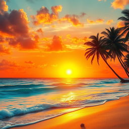 A stunning depiction of a majestic golden sunset casting vibrant hues over a serene, crystal-clear ocean