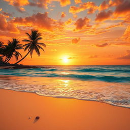 A stunning depiction of a majestic golden sunset casting vibrant hues over a serene, crystal-clear ocean