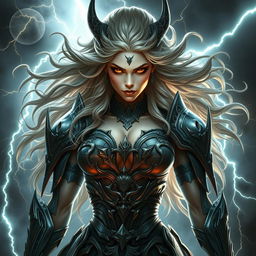 An Aetherian nymph portrayed as a powerful and fearsome woman, exuding a terrifying yet mesmerizing presence