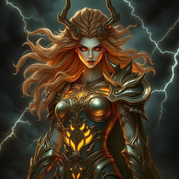 An Aetherian nymph portrayed as a powerful and fearsome woman, exuding a terrifying yet mesmerizing presence