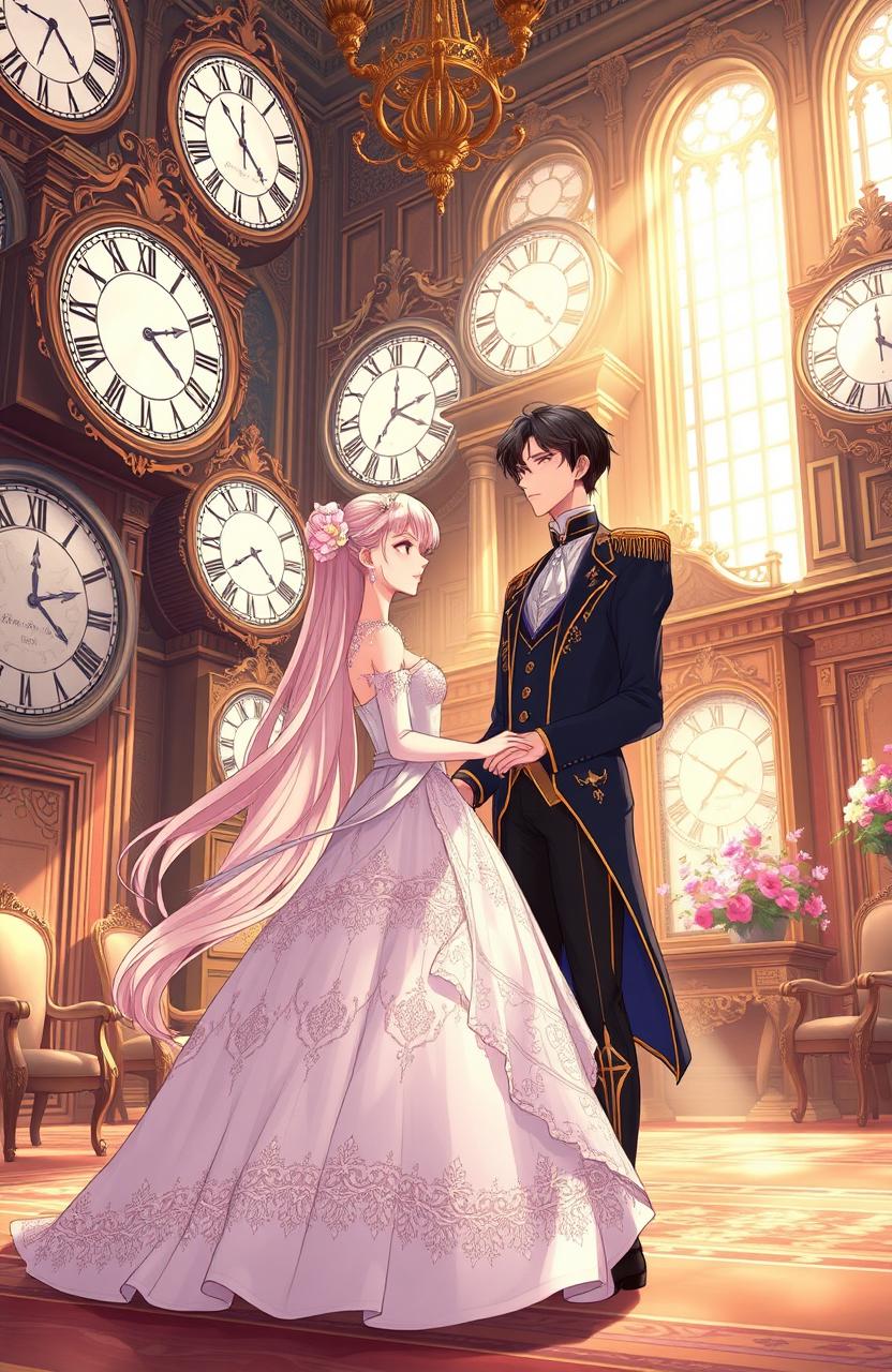 A beautifully illustrated manhwa-style scene featuring a princess and a duke in a majestic, clock-filled room