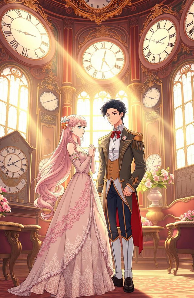 A beautifully illustrated manhwa-style scene featuring a princess and a duke in a majestic, clock-filled room