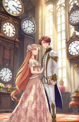A beautifully illustrated manhwa-style scene featuring a princess and a duke in a majestic, clock-filled room