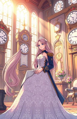 A beautifully illustrated manhwa-style scene featuring a princess and a duke in a majestic, clock-filled room