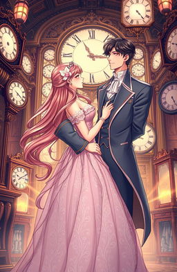 A dreamy manhwa style illustration featuring a beautiful princess and a charming duke standing together in an ornate room filled with vintage clocks