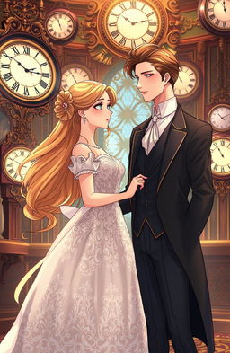 A dreamy manhwa style illustration featuring a beautiful princess and a charming duke standing together in an ornate room filled with vintage clocks