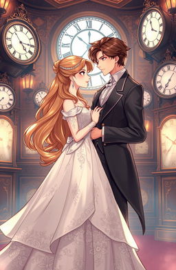 A dreamy manhwa style illustration featuring a beautiful princess and a charming duke standing together in an ornate room filled with vintage clocks