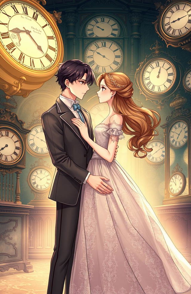 A dreamy manhwa style illustration featuring a beautiful princess and a charming duke standing together in an ornate room filled with vintage clocks