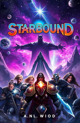 A captivating fantasy book cover for 'Starbound', showcasing a vibrant, cosmic environment
