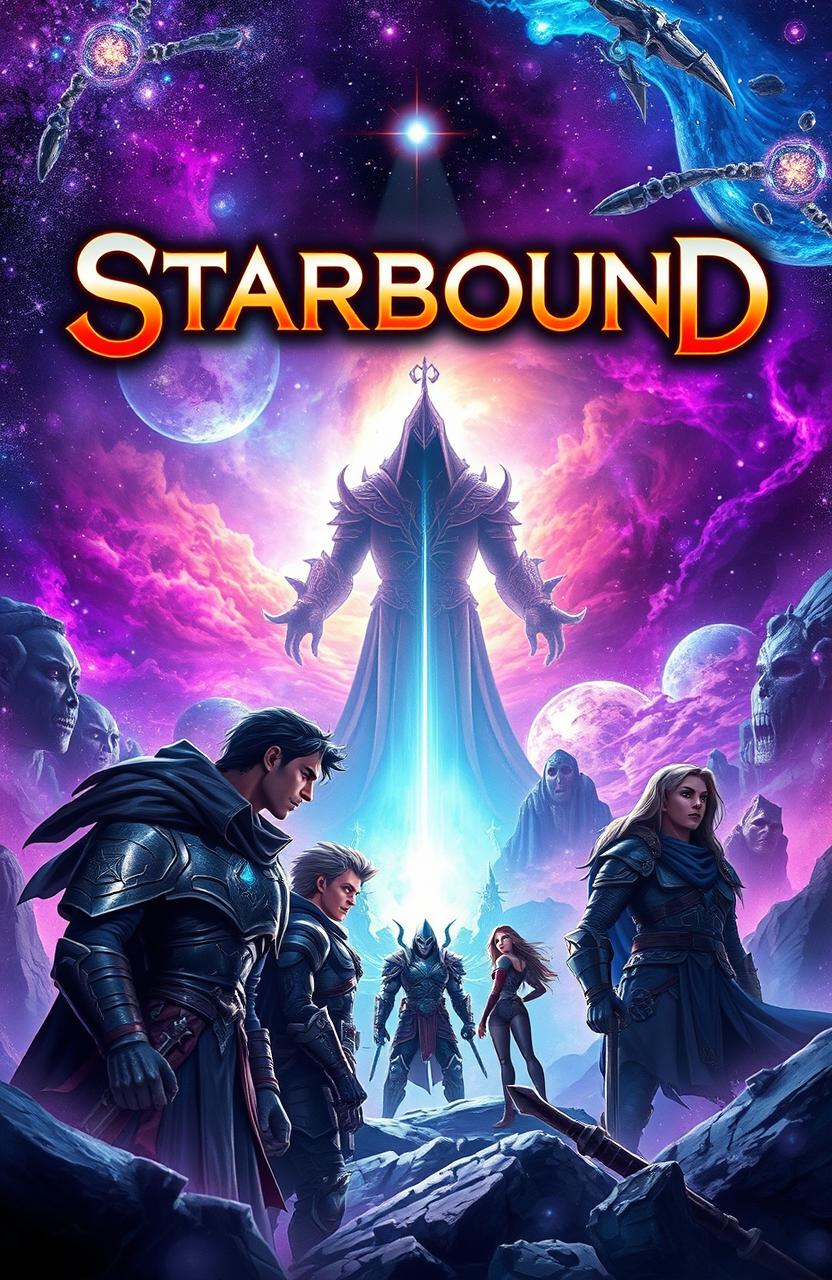 A captivating fantasy book cover for 'Starbound', showcasing a vibrant, cosmic environment