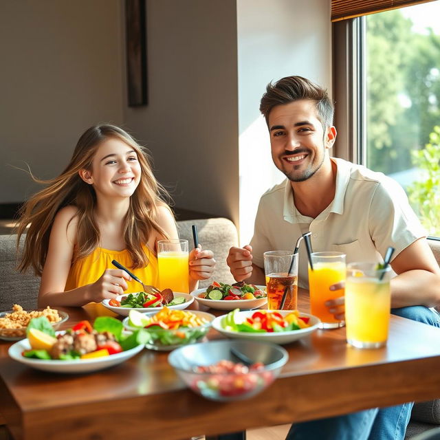 A cheerful family scene featuring a teenage girl enjoying lunch with her young dad and stylish mom