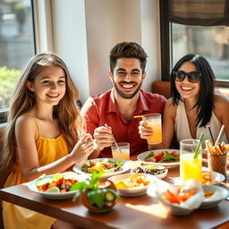 A cheerful family scene featuring a teenage girl enjoying lunch with her young dad and stylish mom