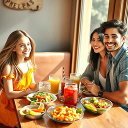 A cheerful family scene featuring a teenage girl enjoying lunch with her young dad and stylish mom