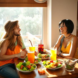 A cheerful family scene featuring a teenage girl enjoying lunch with her young dad and stylish mom