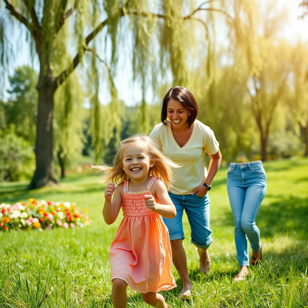 A joyful scene in a sunny park, showcasing a young girl laughing as she plays with her dad, who is happily engaging with her