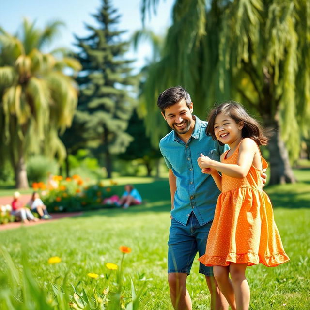 A joyful scene in a sunny park, showcasing a young girl laughing as she plays with her dad, who is happily engaging with her