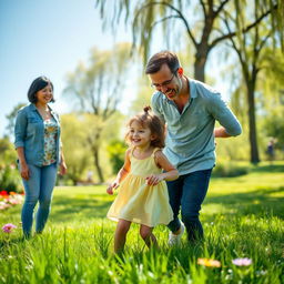 A joyful scene in a sunny park, showcasing a young girl laughing as she plays with her dad, who is happily engaging with her