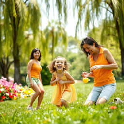 A joyful scene in a sunny park, showcasing a young girl laughing as she plays with her dad, who is happily engaging with her