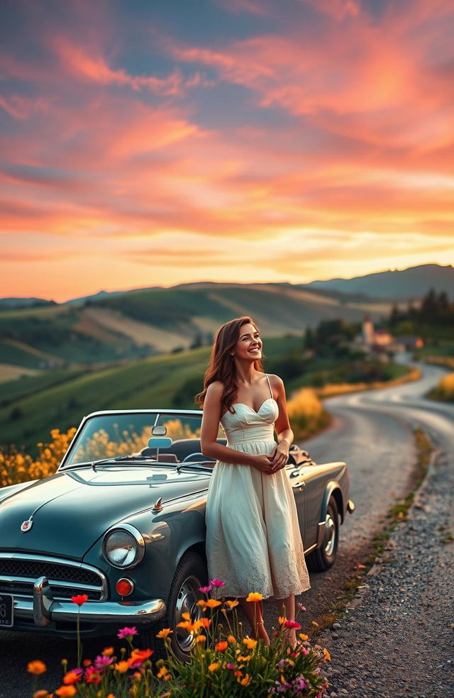 A romantic journey between two lovers traveling through a picturesque landscape, featuring a scenic sunset over rolling hills, a vibrant sky painted with warm pinks and oranges