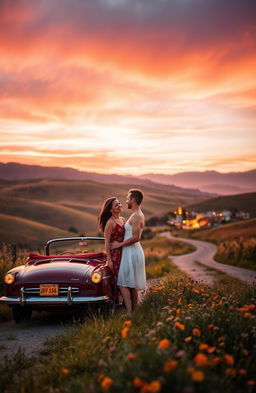 A romantic journey between two lovers traveling through a picturesque landscape, featuring a scenic sunset over rolling hills, a vibrant sky painted with warm pinks and oranges