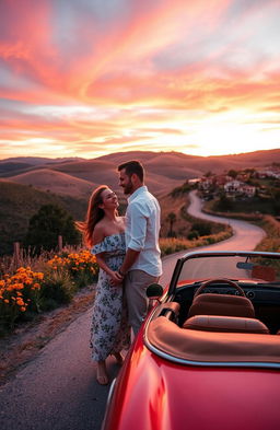 A romantic journey between two lovers traveling through a picturesque landscape, featuring a scenic sunset over rolling hills, a vibrant sky painted with warm pinks and oranges