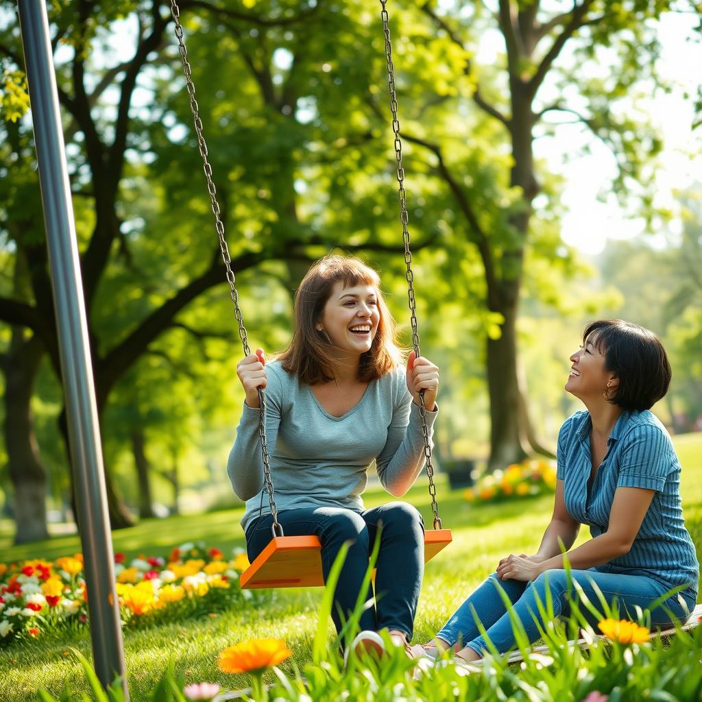 A joyful scene in a vibrant green park filled with trees and colorful flowers