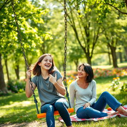 A joyful scene in a vibrant green park filled with trees and colorful flowers