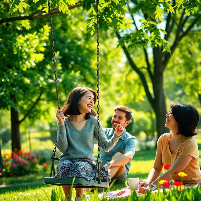 A joyful scene in a vibrant green park filled with trees and colorful flowers