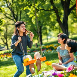A joyful scene in a vibrant green park filled with trees and colorful flowers