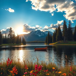 A serene landscape featuring a tranquil lake surrounded by tall pine trees