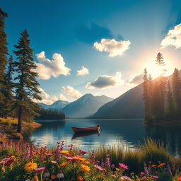 A serene landscape featuring a tranquil lake surrounded by tall pine trees