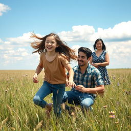 A picturesque scene in a vast prairie under a clear blue sky with fluffy white clouds